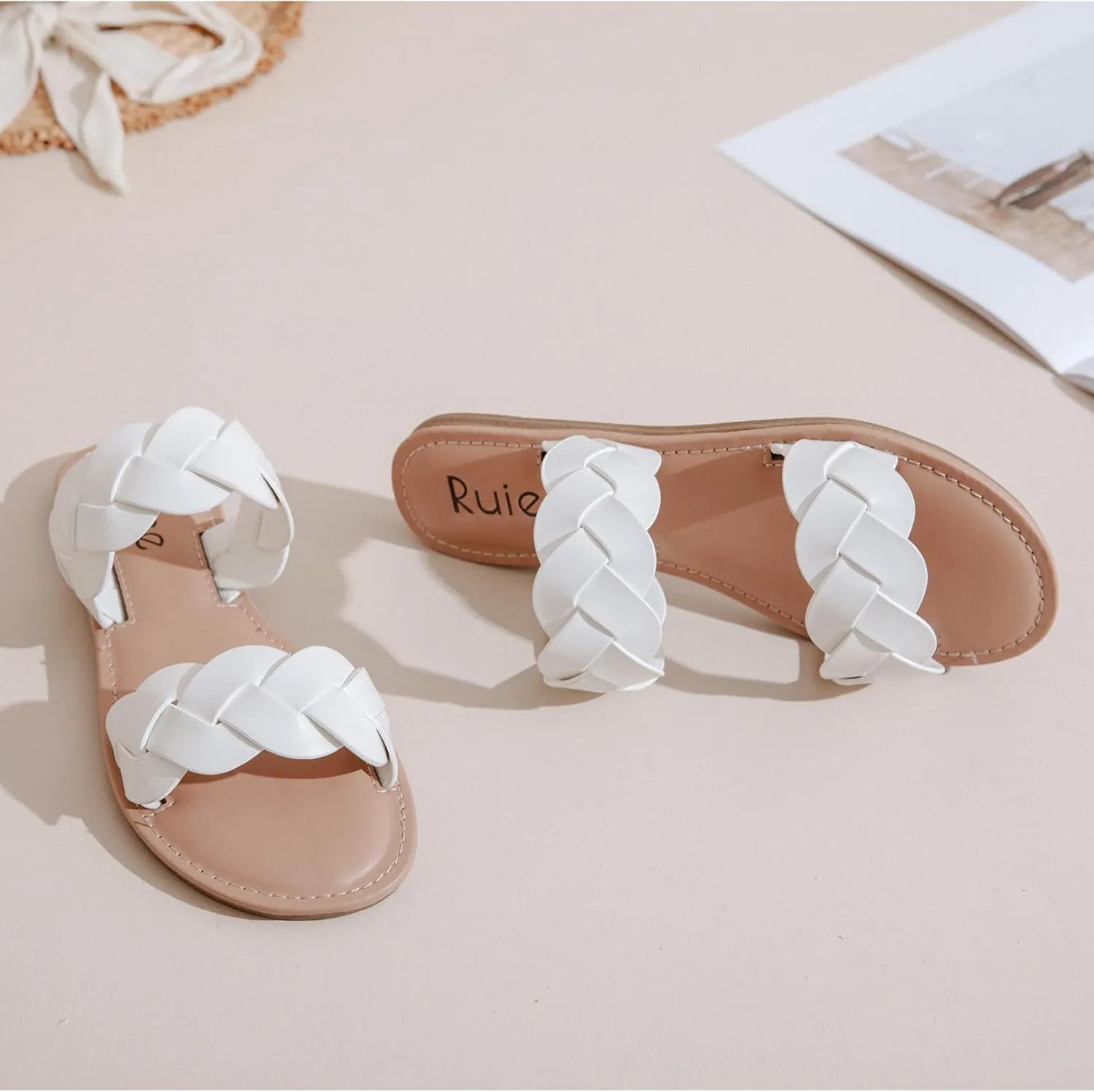 Women's Flat Slides Sandals, Summer Slippers Comfortable Braided Strap Round Open Toe Casual Beach Shoes for Women.