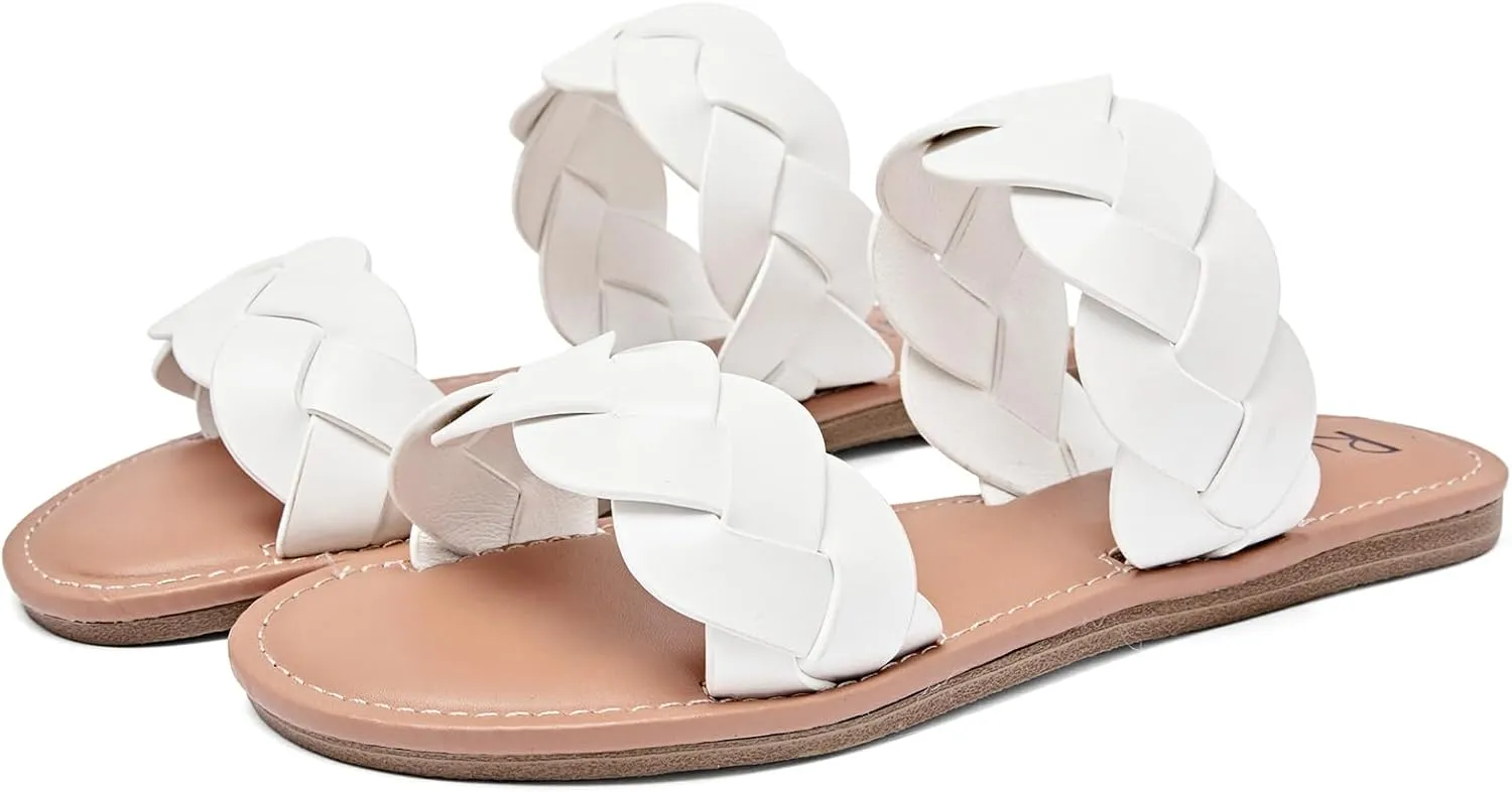 Women's Flat Slides Sandals, Summer Slippers Comfortable Braided Strap Round Open Toe Casual Beach Shoes for Women.