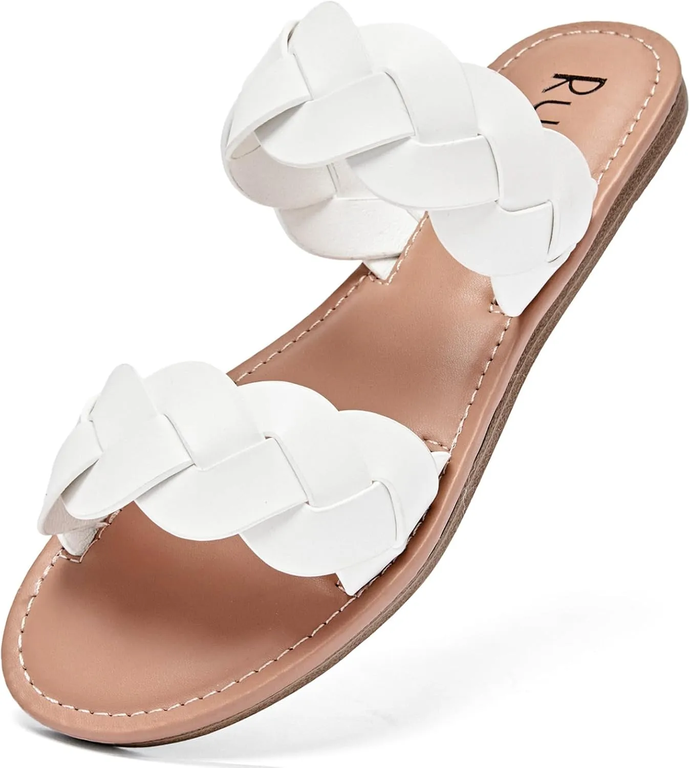 Women's Flat Slides Sandals, Summer Slippers Comfortable Braided Strap Round Open Toe Casual Beach Shoes for Women.