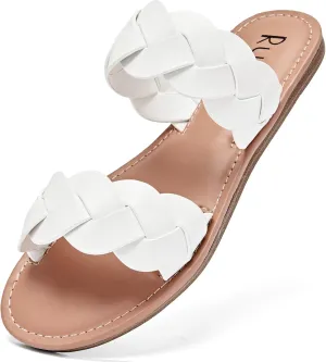 Women's Flat Slides Sandals, Summer Slippers Comfortable Braided Strap Round Open Toe Casual Beach Shoes for Women.