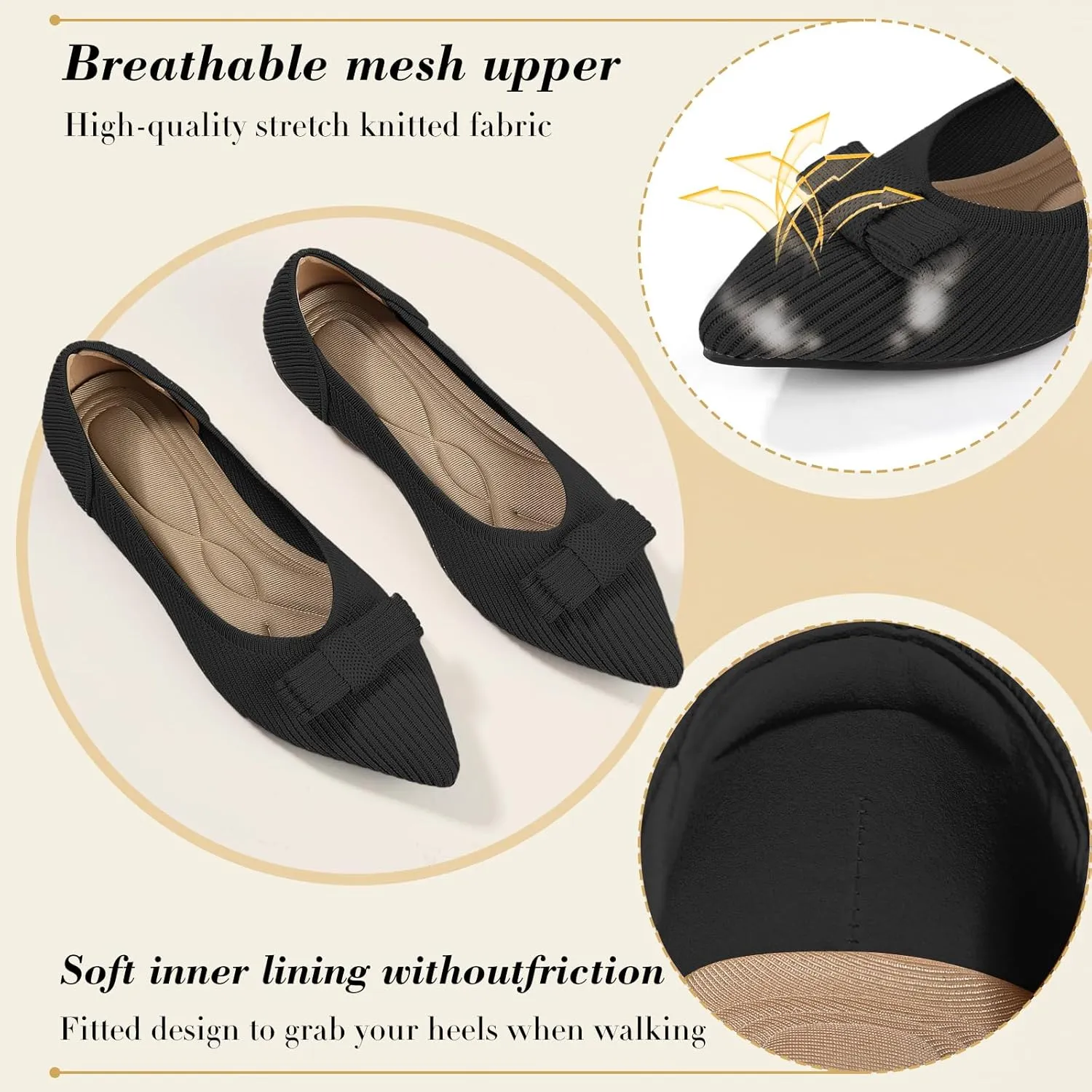 Women's Flats Pointed Toe Ballet Shoes with Bow Comfortable Knit Dressy Flat