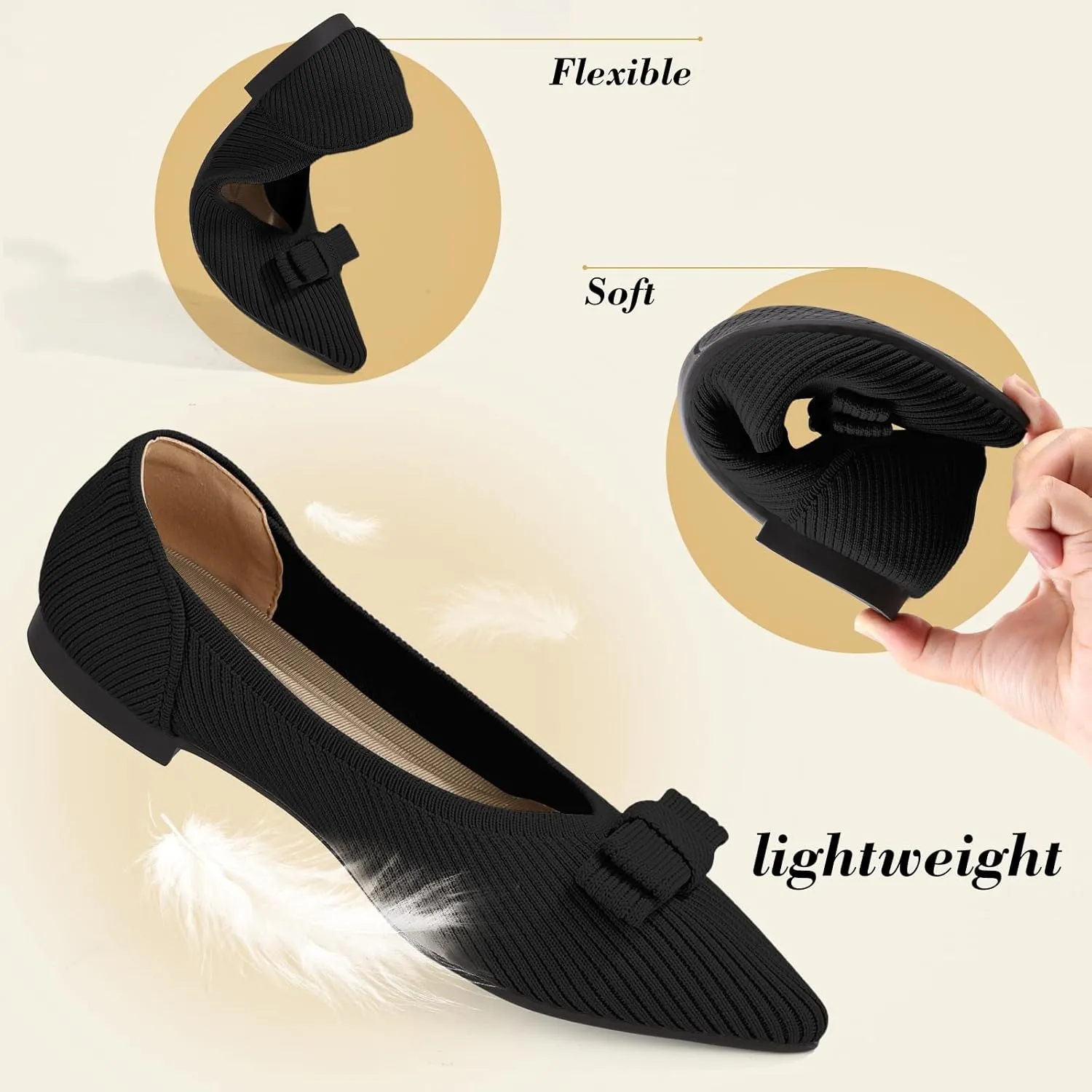 Women's Flats Pointed Toe Ballet Shoes with Bow Comfortable Knit Dressy Flat