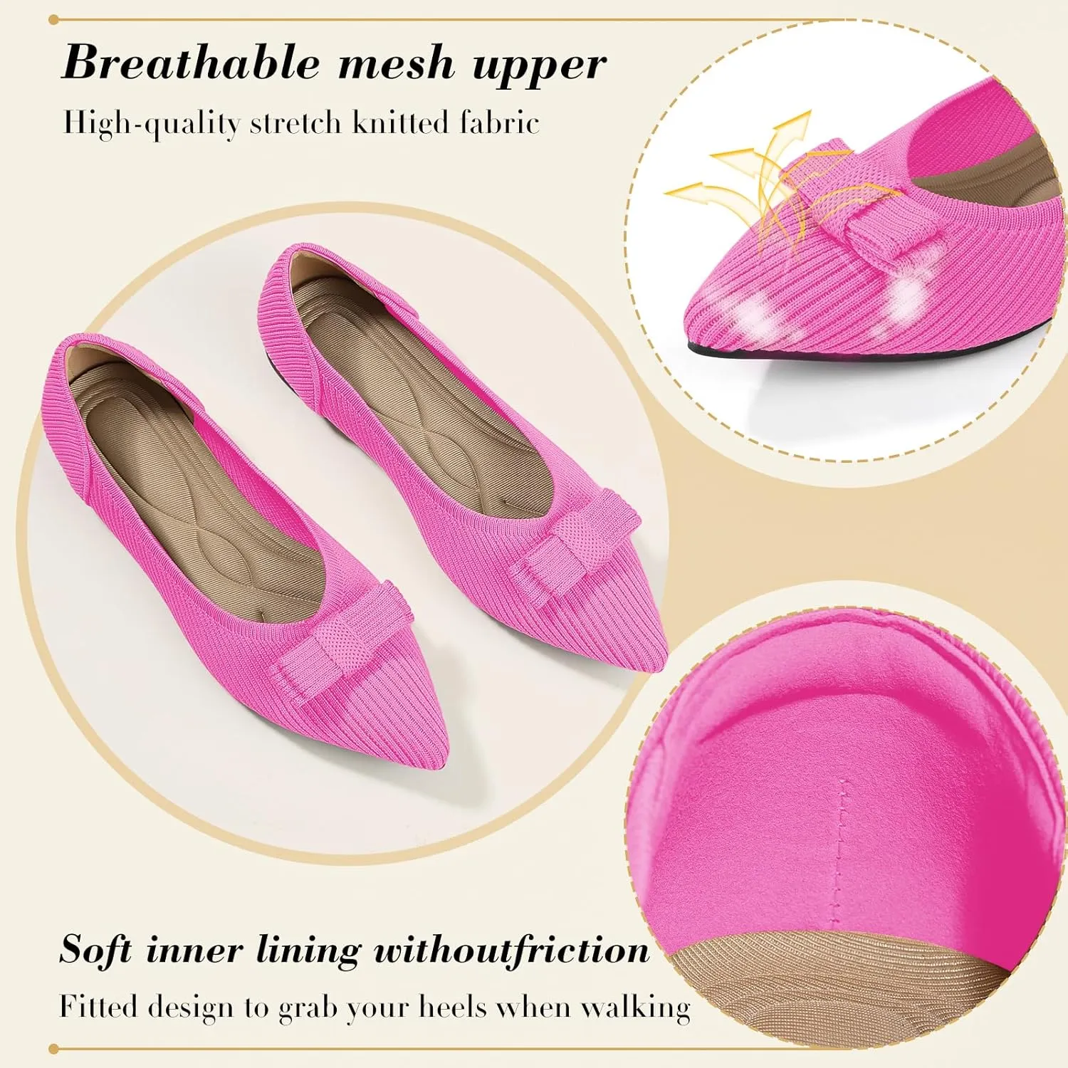Women's Flats Pointed Toe Ballet Shoes with Bow Comfortable Knit Dressy Flat