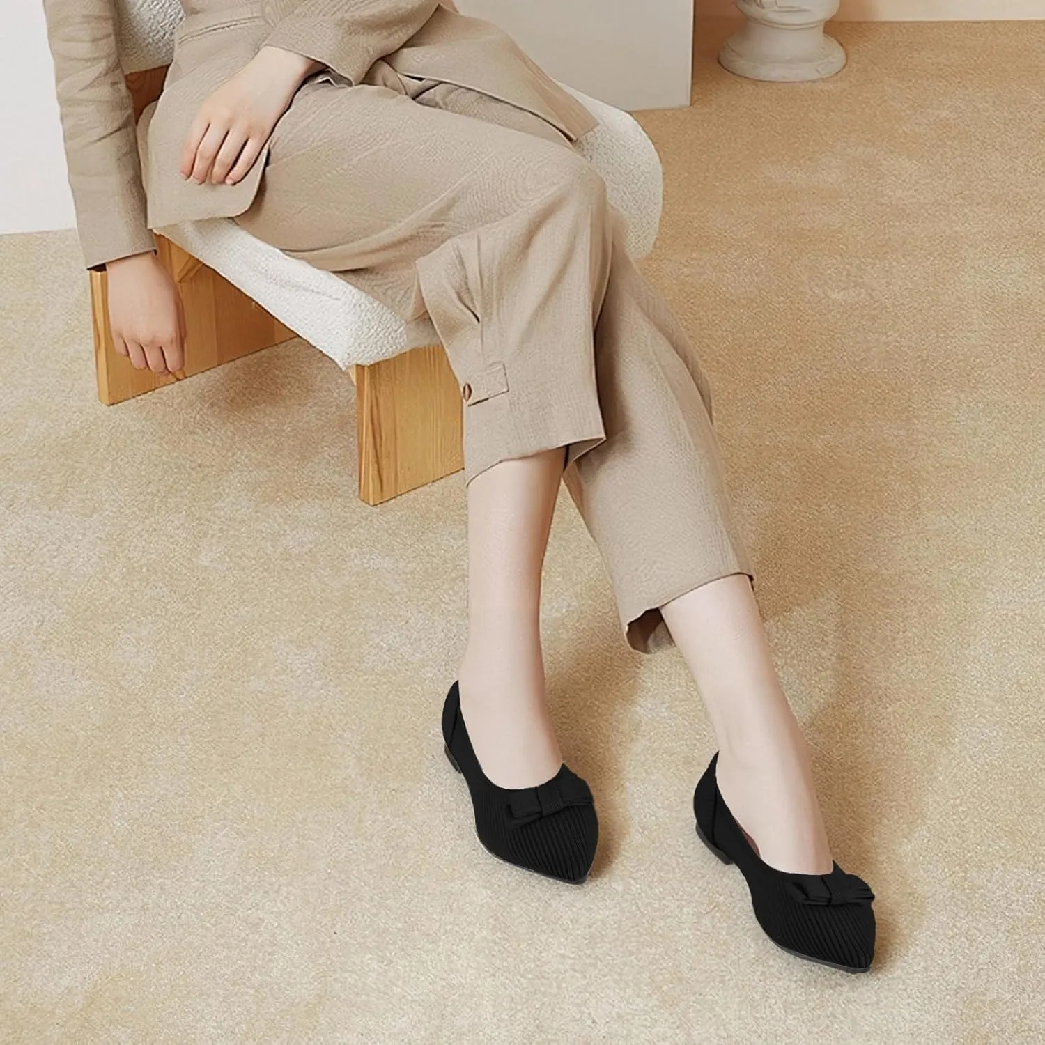 Women's Flats Pointed Toe Ballet Shoes with Bow Comfortable Knit Dressy Flat