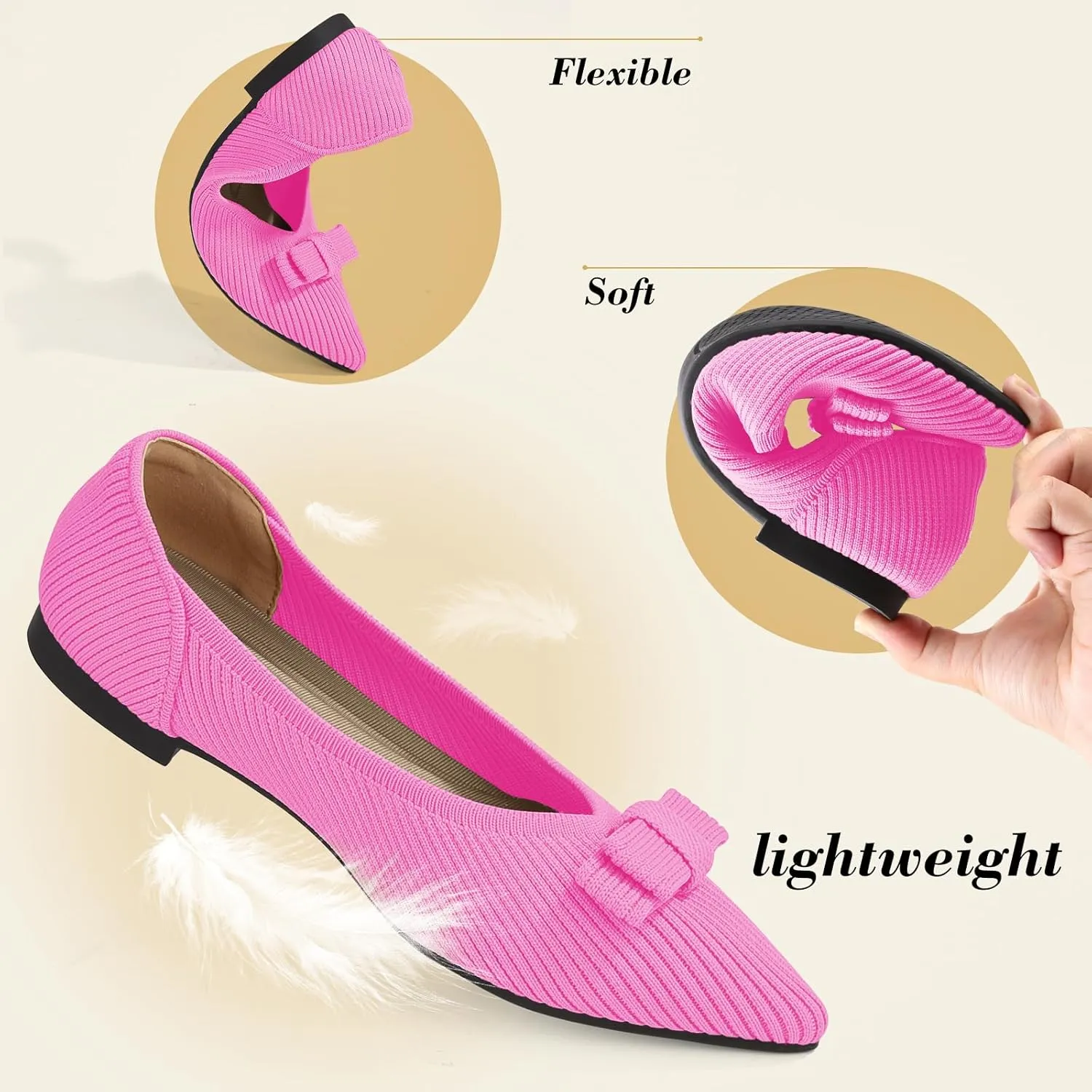Women's Flats Pointed Toe Ballet Shoes with Bow Comfortable Knit Dressy Flat