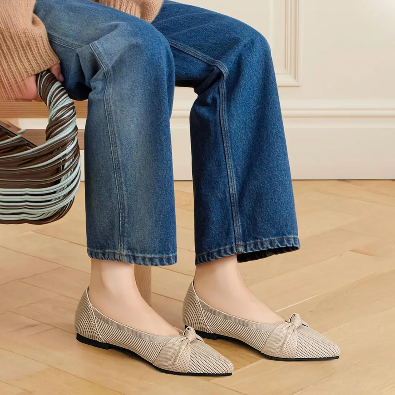 Women's Flats Shoes Comfortable Dressy Pointed Toe Knit Washable Ballet Flat