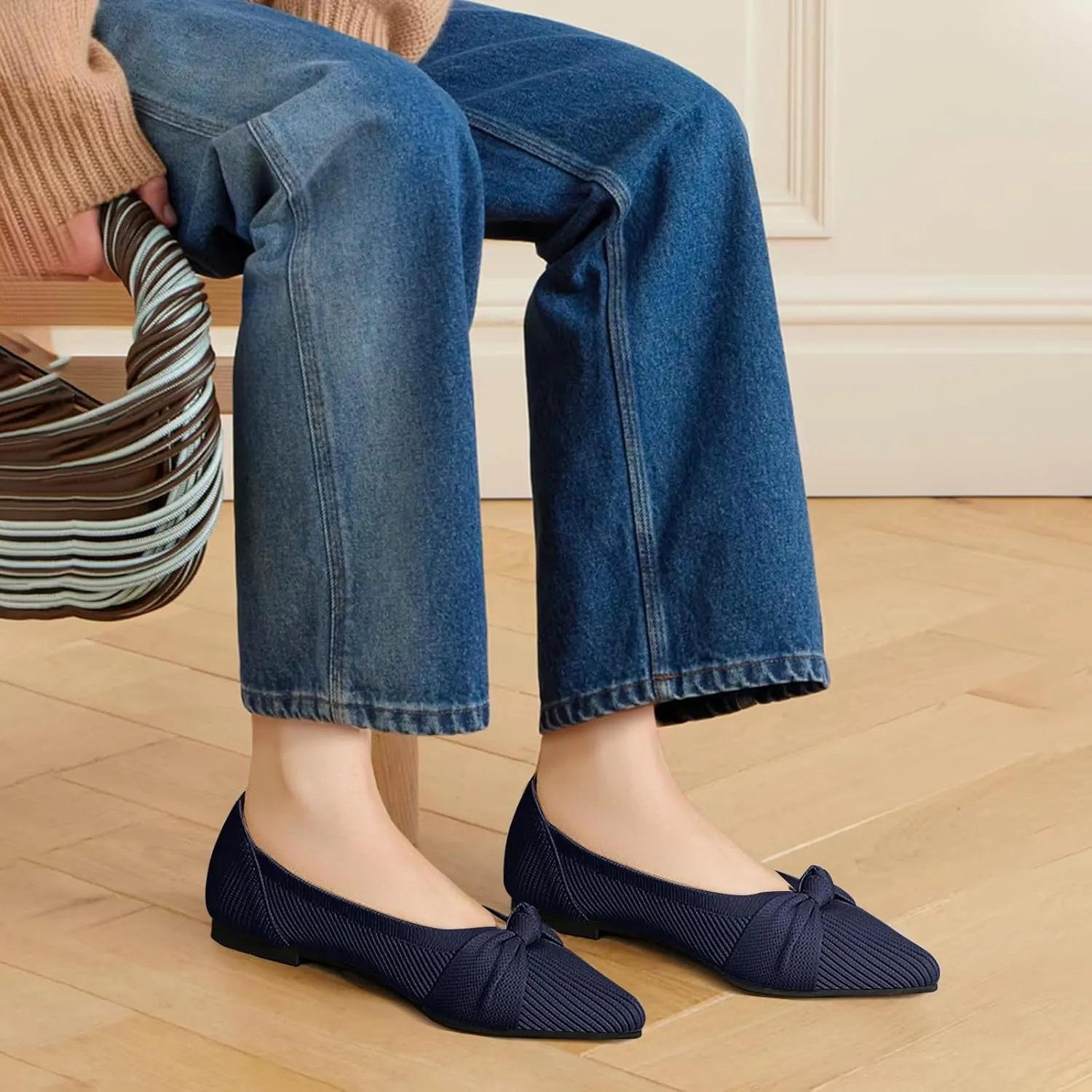Women's Flats Shoes Comfortable Dressy Pointed Toe Knit Washable Ballet Flat
