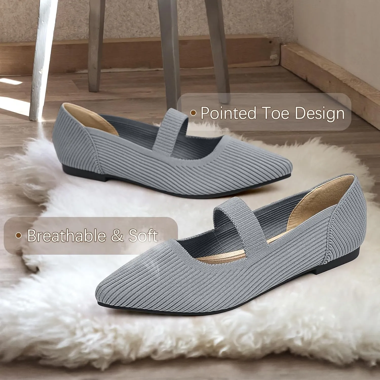 Women's Flats Shoes Pointed Toe Knit Washable Ballet Comfortable Dressy Mary Jane Flat