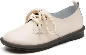 Women's Genuine Leather Lace-Up Soft Sole Flat Fashion Round Toe Handmade Lightweight Slip-On Flat Walking Shoes for Office Work