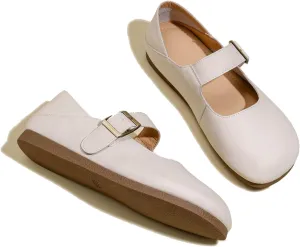 Women's Genuine Leather Round Head Flat Mary Jane Shoes with Adjustable Straps Fashio Comfortable Slip On Ballet Flats Dressy Office Work Shoes