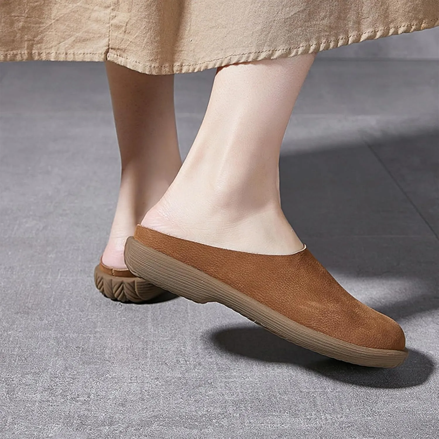 Women's Genuine Leather Rubber-Soled Non-Slip Mules, Casual Soft Leather Flat Slingback Comfory Half Loafers Causal Slippers for Work Walking
