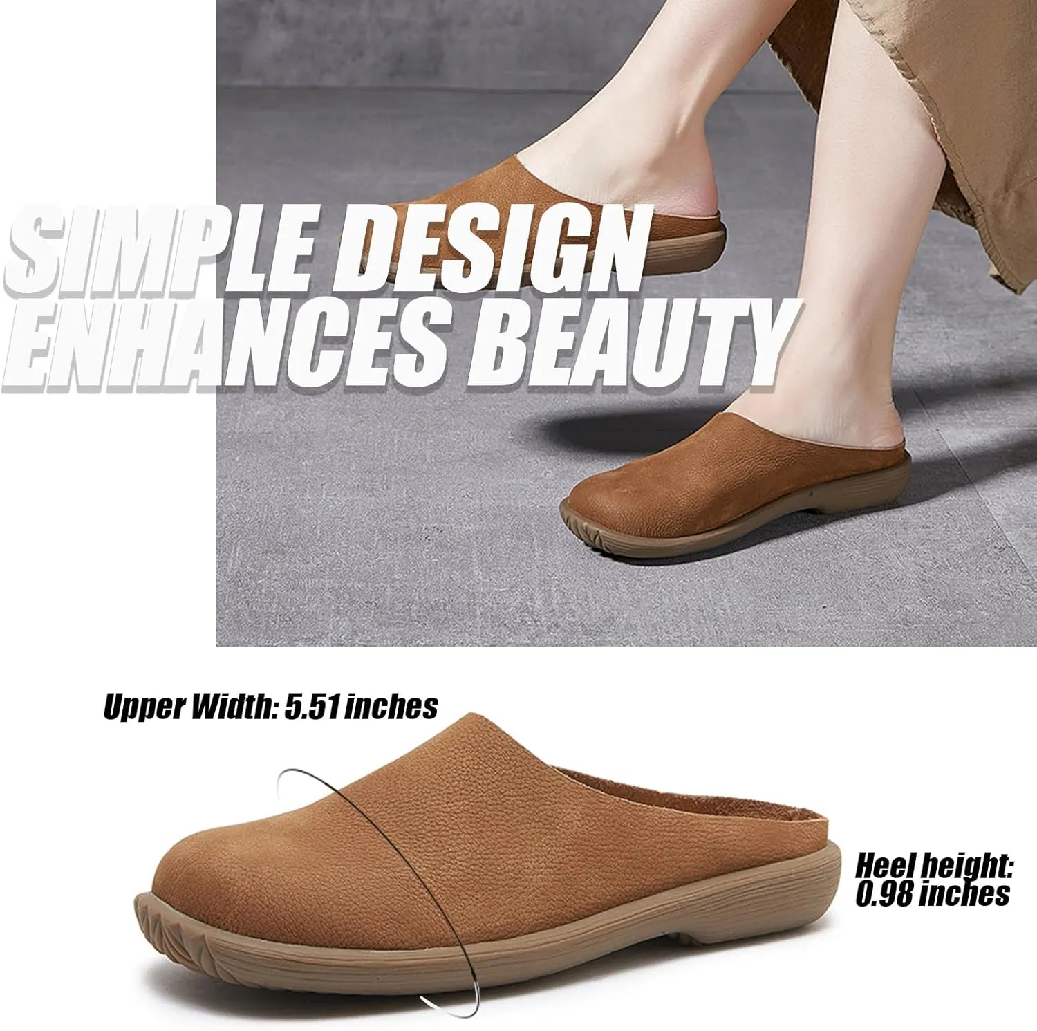 Women's Genuine Leather Rubber-Soled Non-Slip Mules, Casual Soft Leather Flat Slingback Comfory Half Loafers Causal Slippers for Work Walking