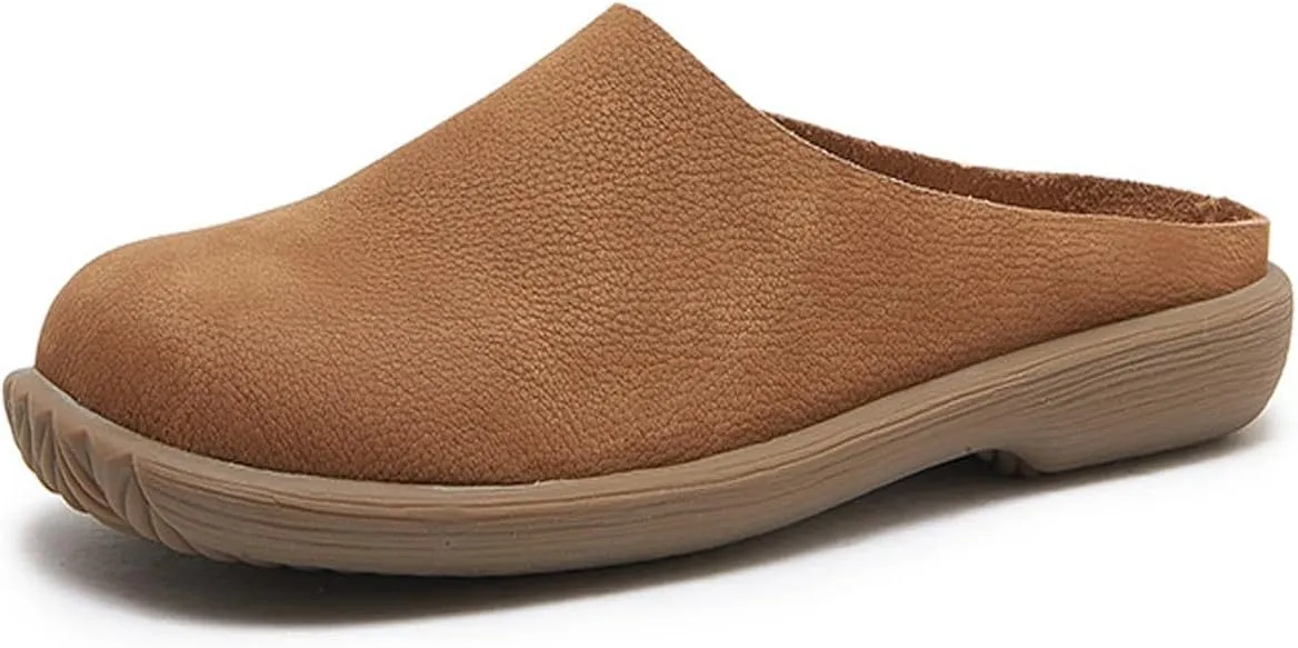 Women's Genuine Leather Rubber-Soled Non-Slip Mules, Casual Soft Leather Flat Slingback Comfory Half Loafers Causal Slippers for Work Walking