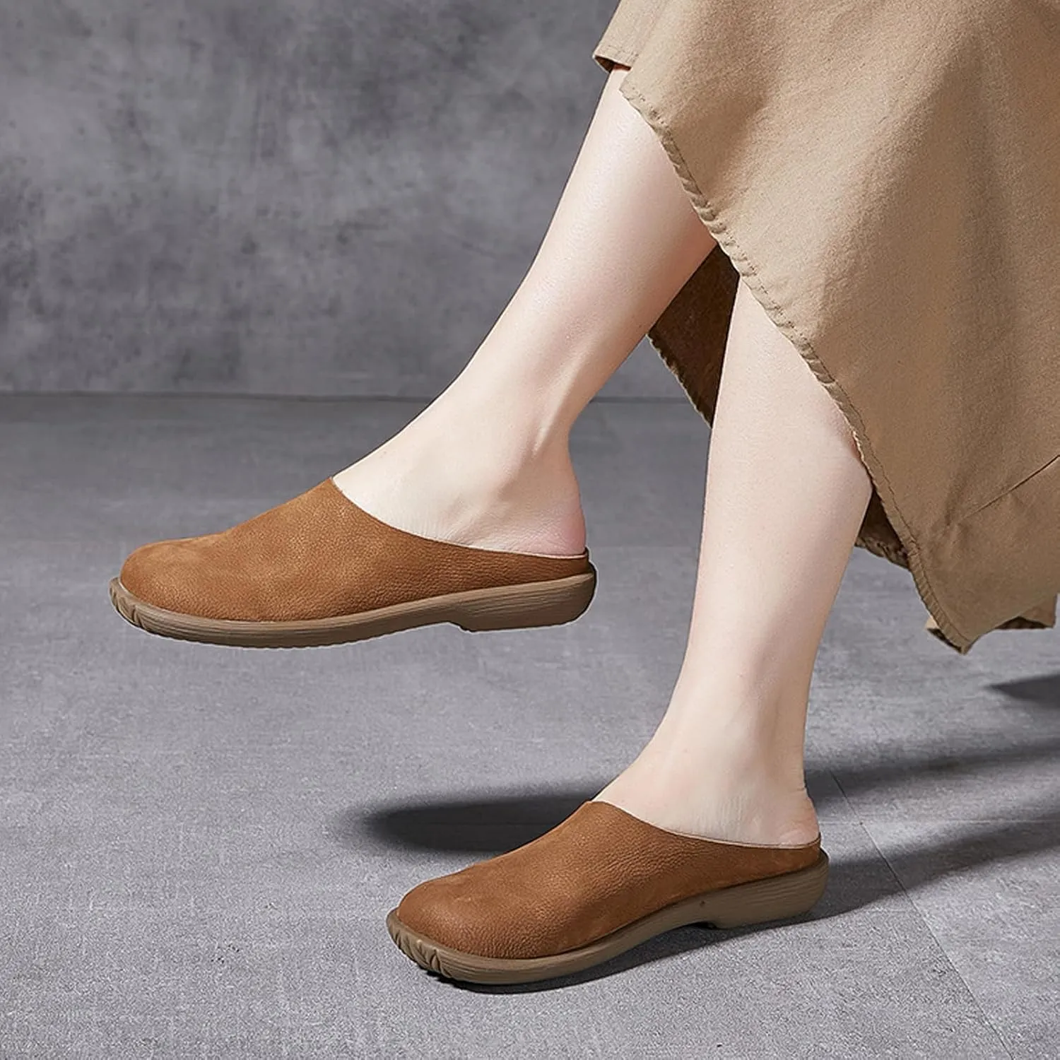 Women's Genuine Leather Rubber-Soled Non-Slip Mules, Casual Soft Leather Flat Slingback Comfory Half Loafers Causal Slippers for Work Walking