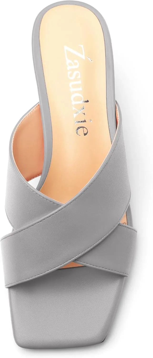 Womens Heeled Sandals Criss Cross Casual Slip On Chunky Square Open Toe Mule Heels Slide Sandals 2 Inch