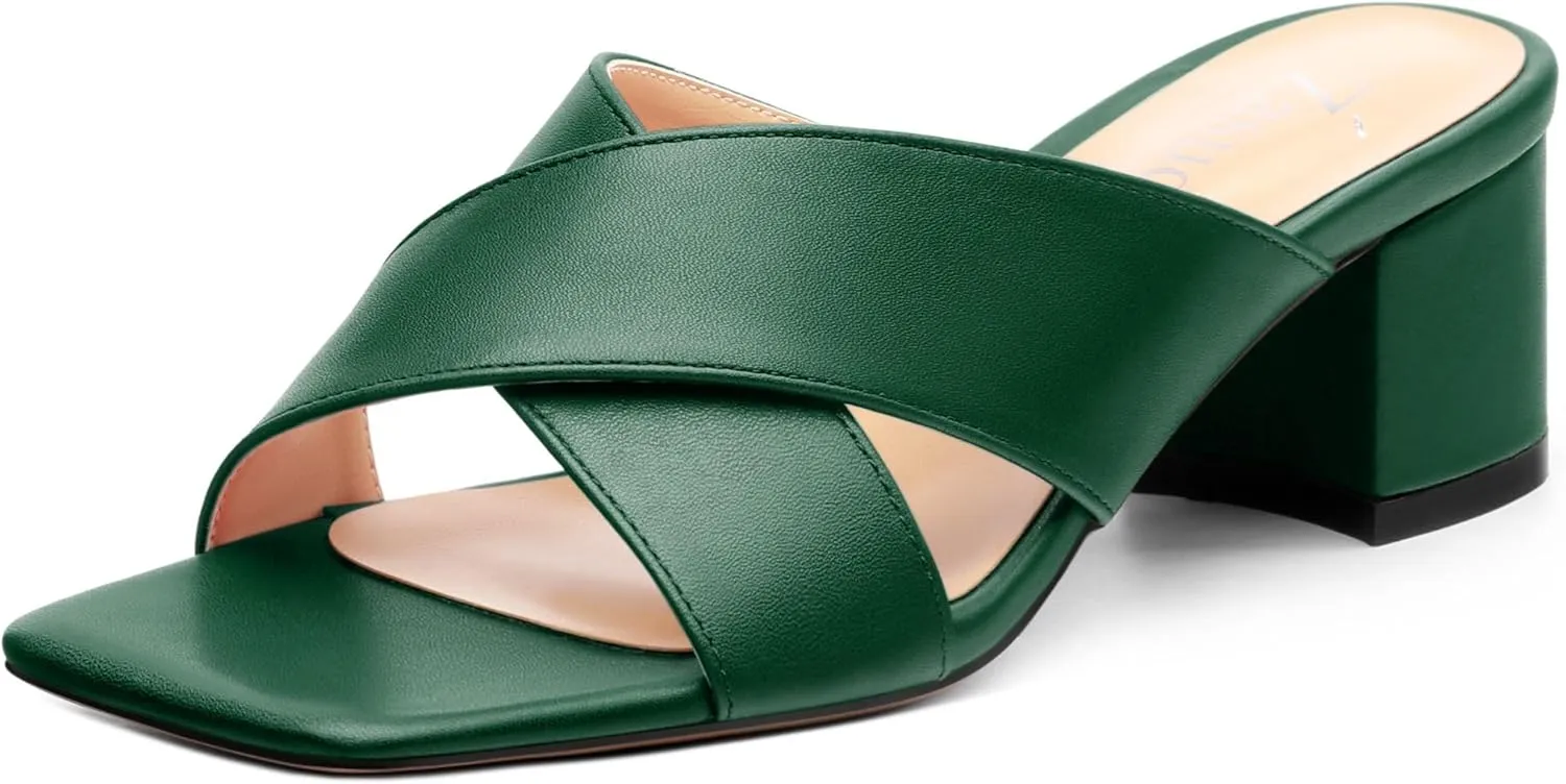 Womens Heeled Sandals Criss Cross Casual Slip On Chunky Square Open Toe Mule Heels Slide Sandals 2 Inch
