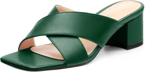 Womens Heeled Sandals Criss Cross Casual Slip On Chunky Square Open Toe Mule Heels Slide Sandals 2 Inch