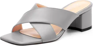 Womens Heeled Sandals Criss Cross Casual Slip On Chunky Square Open Toe Mule Heels Slide Sandals 2 Inch