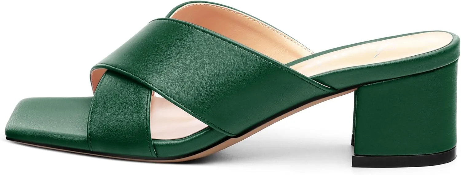 Womens Heeled Sandals Criss Cross Casual Slip On Chunky Square Open Toe Mule Heels Slide Sandals 2 Inch