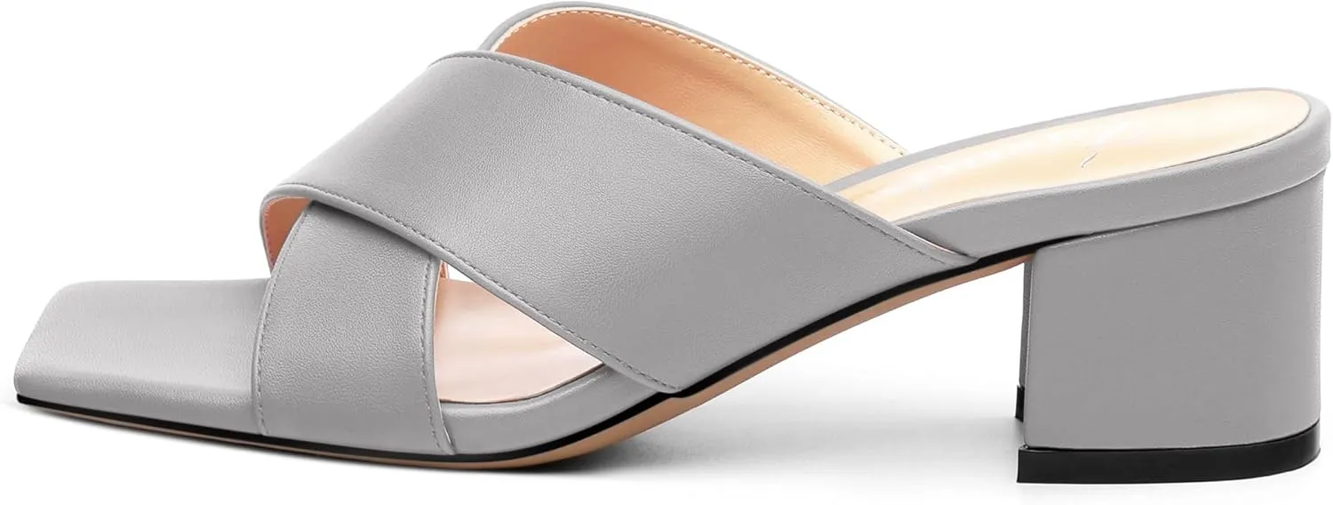 Womens Heeled Sandals Criss Cross Casual Slip On Chunky Square Open Toe Mule Heels Slide Sandals 2 Inch