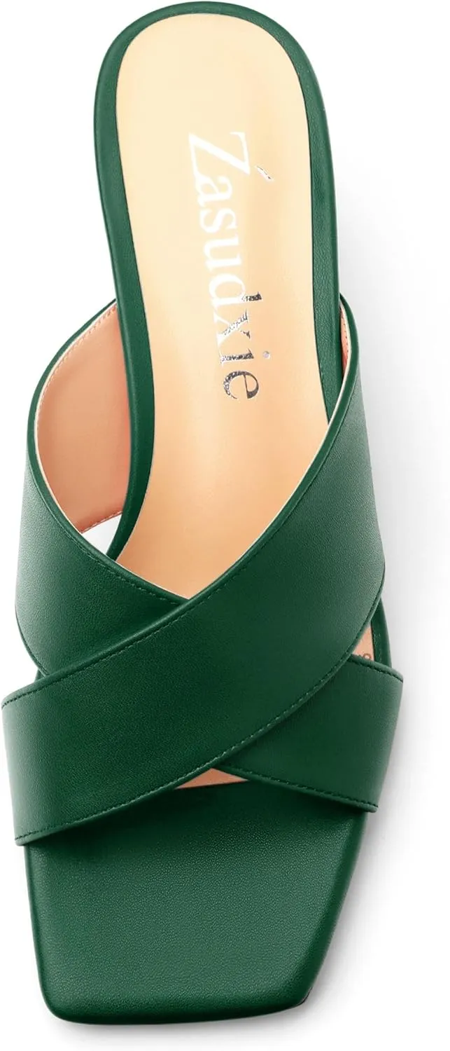 Womens Heeled Sandals Criss Cross Casual Slip On Chunky Square Open Toe Mule Heels Slide Sandals 2 Inch