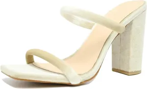 Women's Heeled Sandals Velvet Two Strap Chunky High Heels Square Open Toe Slip on Comfortable Heeled Sandals for Women Dressy