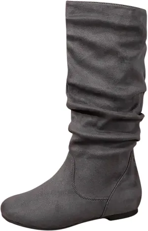 Women's Knee High Boots Comfortable Faux Suede Slouch Flat Boots Pull on Fall Weather Boots Novelty Riding Boot