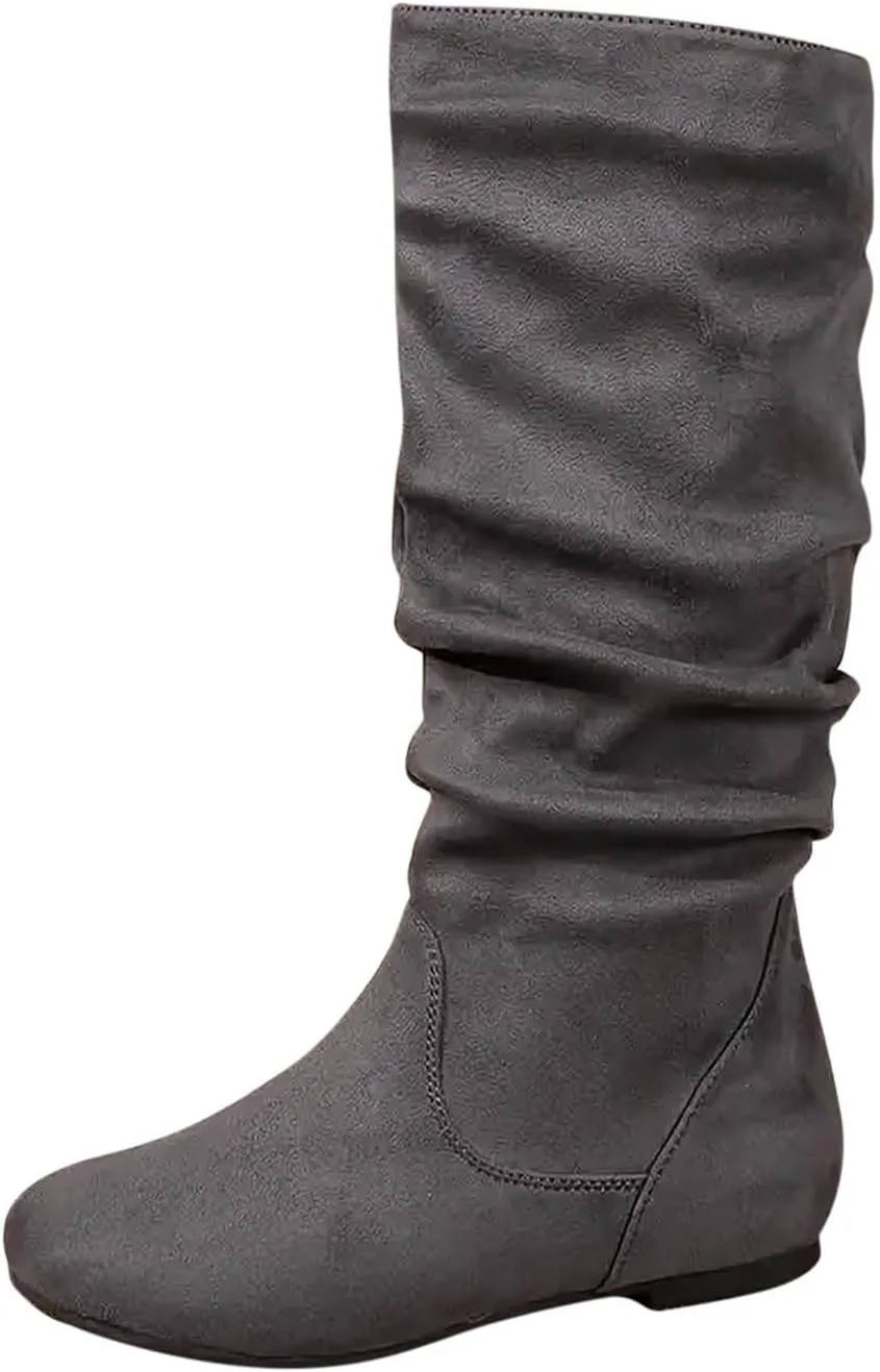 Women's Knee High Boots Comfortable Faux Suede Slouch Flat Boots Pull on Fall Weather Boots Novelty Riding Boot
