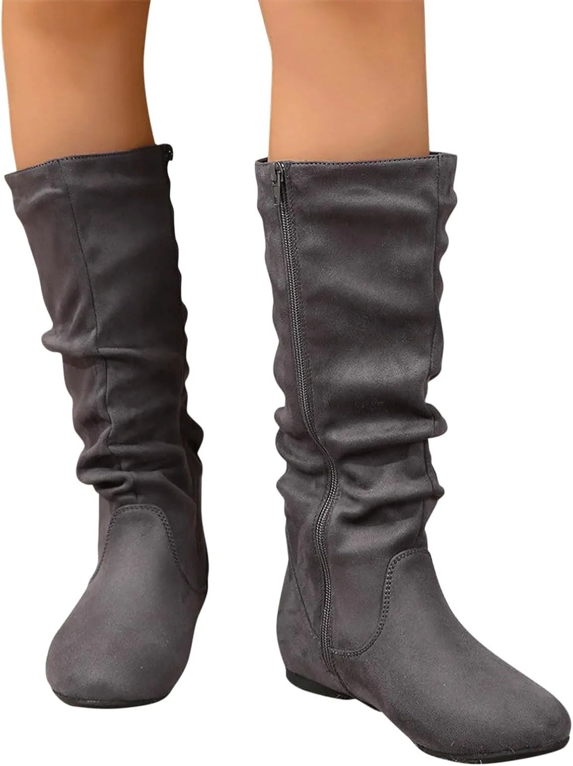 Women's Knee High Boots Comfortable Faux Suede Slouch Flat Boots Pull on Fall Weather Boots Novelty Riding Boot
