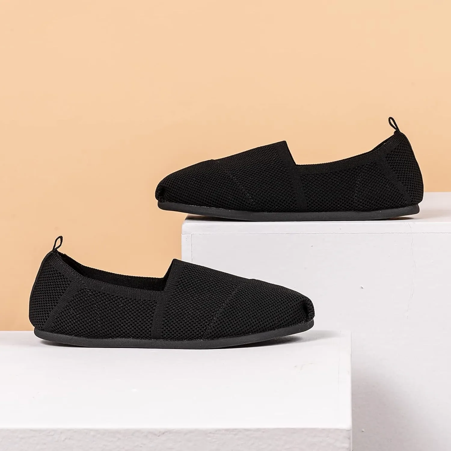 Women's Knit Flat Shoes,Classic Casual Washable Shoes,Comfortable Walking Slip-On Ballerina Square Toe Shoes for Women