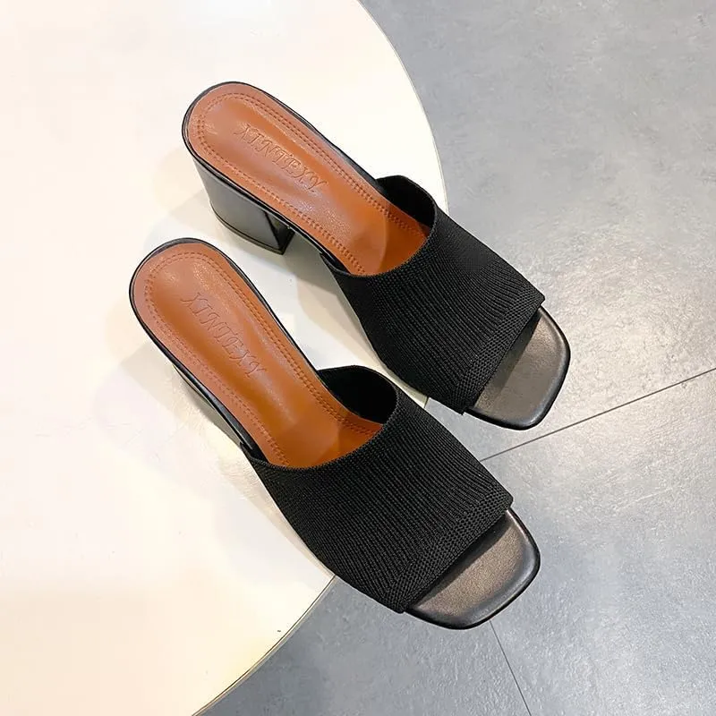Womens Knit Heeled Sandals Chunky Low Block Heel Mules Square Open Toe Heels Slip On Breathable Slides Sandals