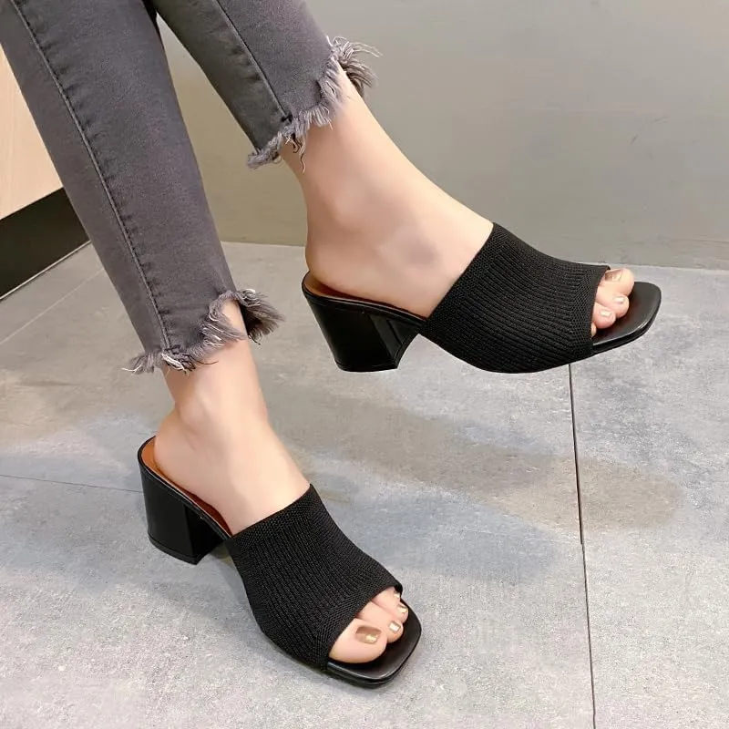 Womens Knit Heeled Sandals Chunky Low Block Heel Mules Square Open Toe Heels Slip On Breathable Slides Sandals
