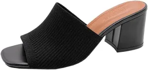 Womens Knit Heeled Sandals Chunky Low Block Heel Mules Square Open Toe Heels Slip On Breathable Slides Sandals