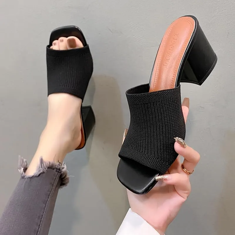 Womens Knit Heeled Sandals Chunky Low Block Heel Mules Square Open Toe Heels Slip On Breathable Slides Sandals