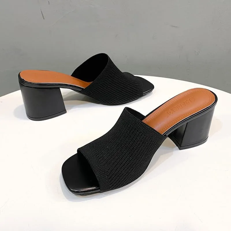 Womens Knit Heeled Sandals Chunky Low Block Heel Mules Square Open Toe Heels Slip On Breathable Slides Sandals