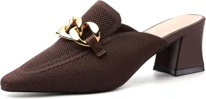 Women's Knit Pointed Toe Chunky Heel Mules, Comfortable Slip-On Sandals for Business and Daily Wear