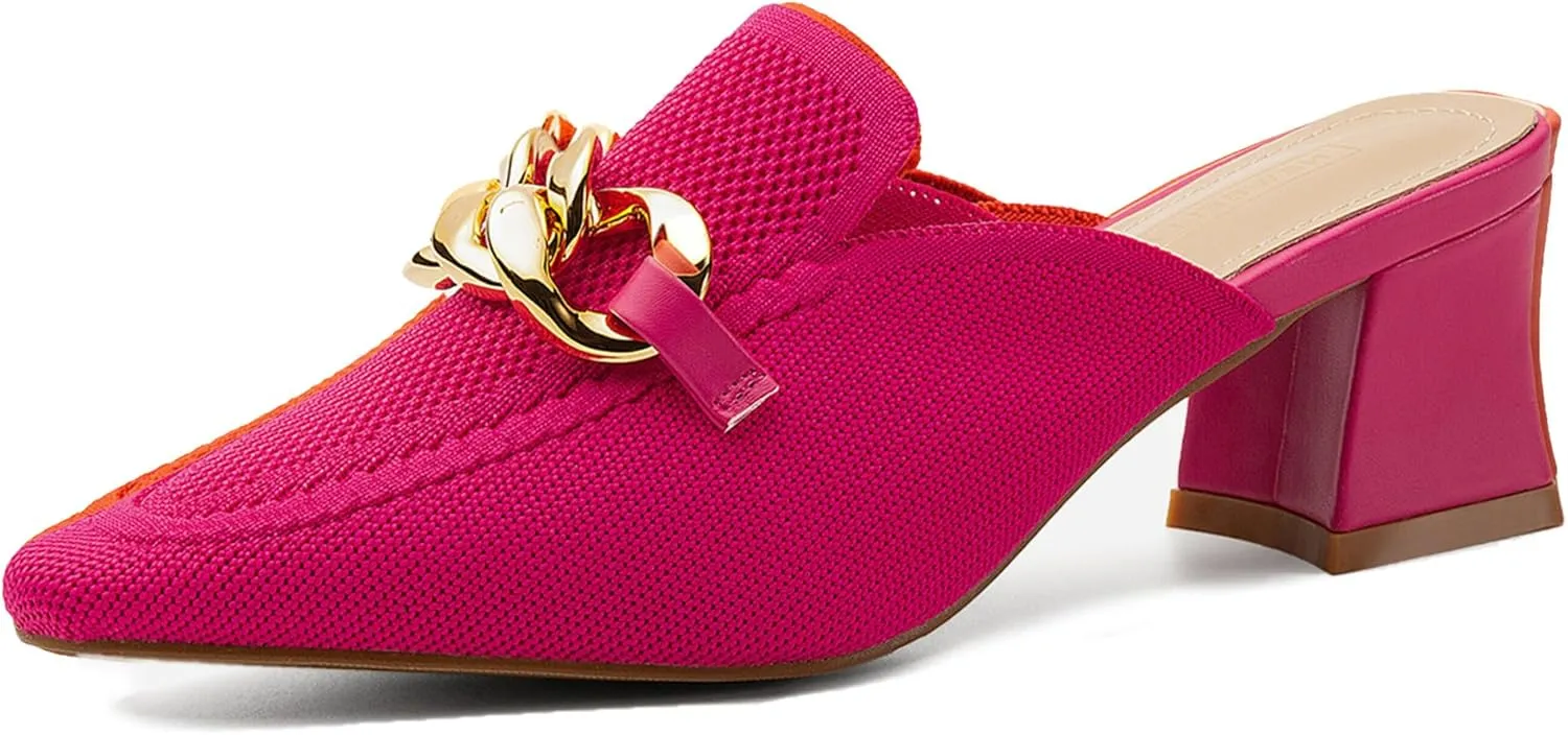 Women's Knit Pointed Toe Chunky Heel Mules, Comfortable Slip-On Sandals for Business and Daily Wear
