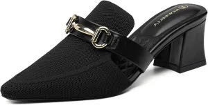 Women's Knit Pointed Toe Chunky Heel Mules, Comfortable Slip-On Sandals for Business and Daily Wear
