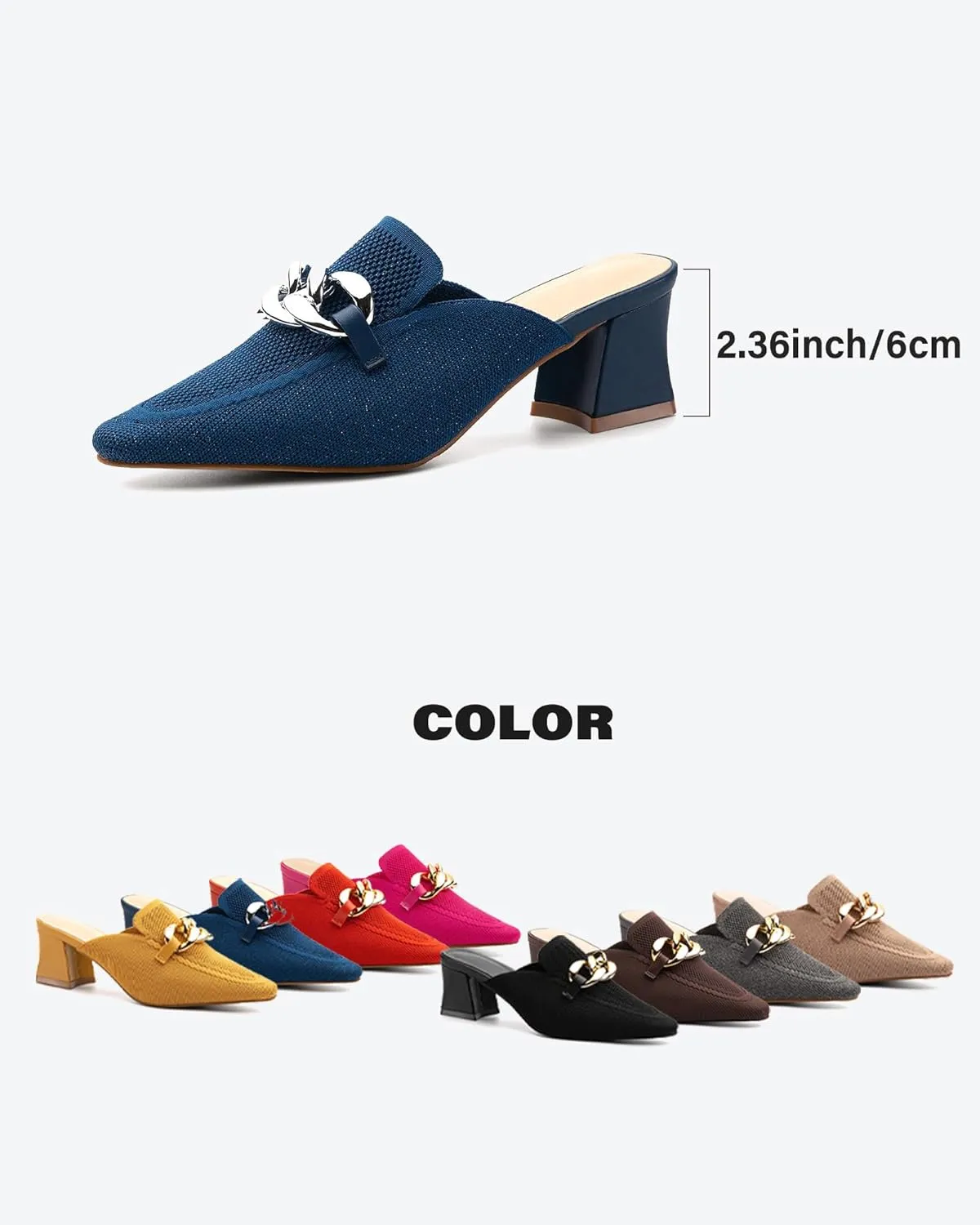 Women's Knit Pointed Toe Chunky Heel Mules, Comfortable Slip-On Sandals for Business and Daily Wear
