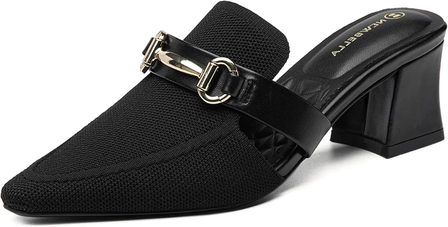 Women's Knit Pointed Toe Chunky Heel Mules, Comfortable Slip-On Sandals for Business and Daily Wear
