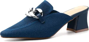 Women's Knit Pointed Toe Chunky Heel Mules, Comfortable Slip-On Sandals for Business and Daily Wear