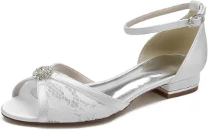 Women's Lace Ankle Strap Wedding Dress Shoes for Bride Peep Toe Toe Bridal Flats Comfortable Formal Prom Party Sandals