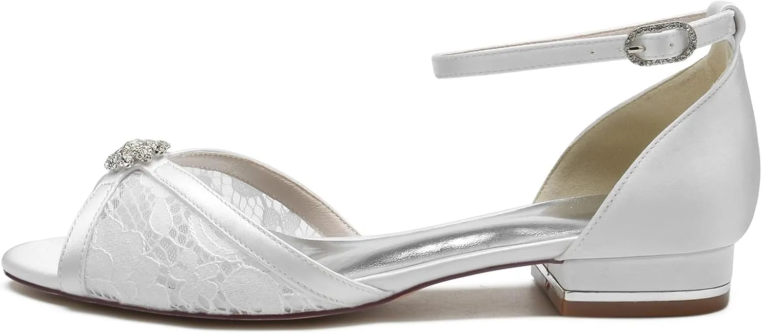 Women's Lace Ankle Strap Wedding Dress Shoes for Bride Peep Toe Toe Bridal Flats Comfortable Formal Prom Party Sandals
