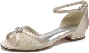 Women's Lace Ankle Strap Wedding Dress Shoes for Bride Peep Toe Toe Bridal Flats Comfortable Formal Prom Party Sandals