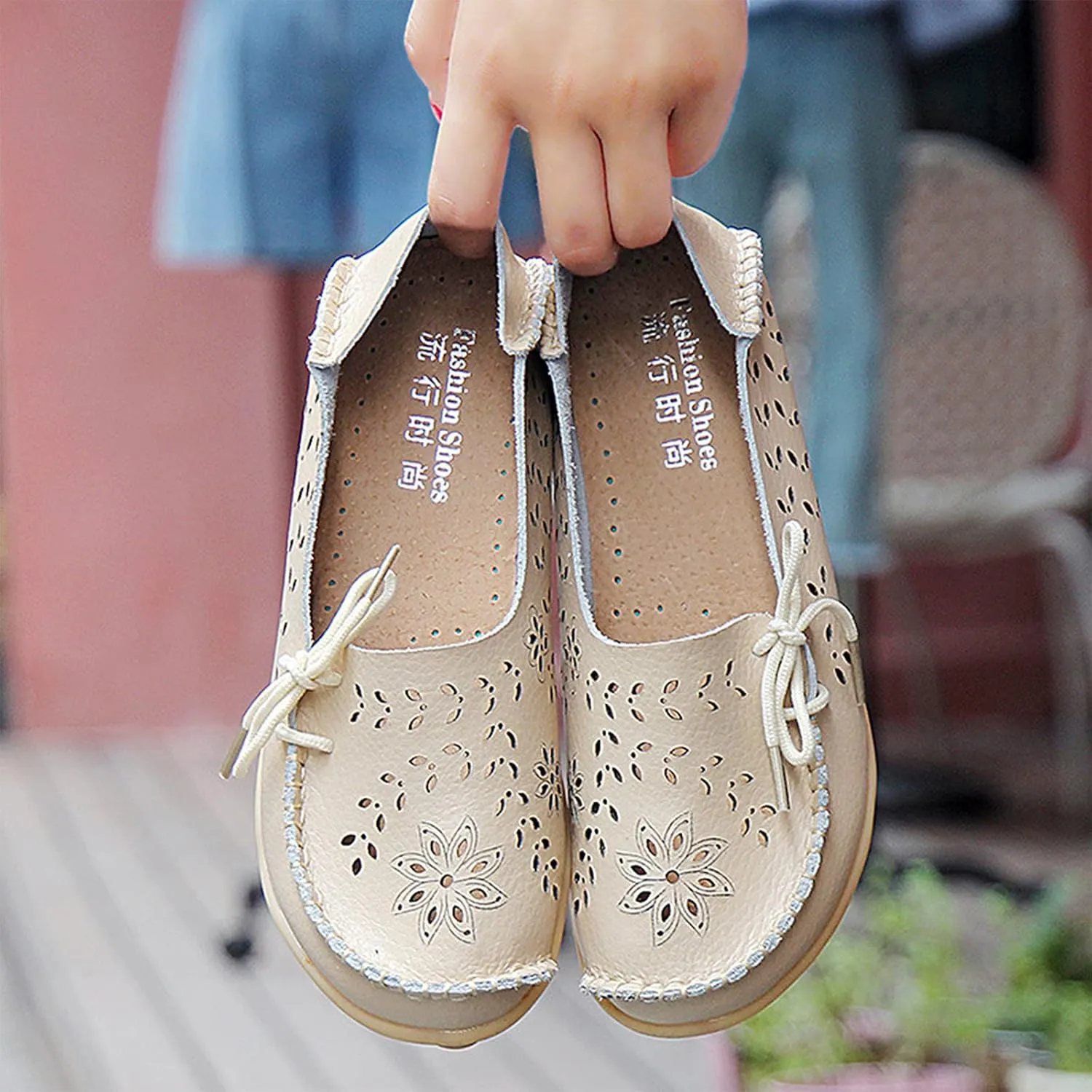 Women's Leather Hollow Breathable Slip On Loafers Comfortable Oxford Softsole Outdoor Walking Flats Shoes Driving Working Moccasins Shoes