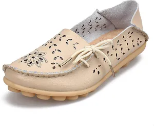 Women's Leather Hollow Breathable Slip On Loafers Comfortable Oxford Softsole Outdoor Walking Flats Shoes Driving Working Moccasins Shoes