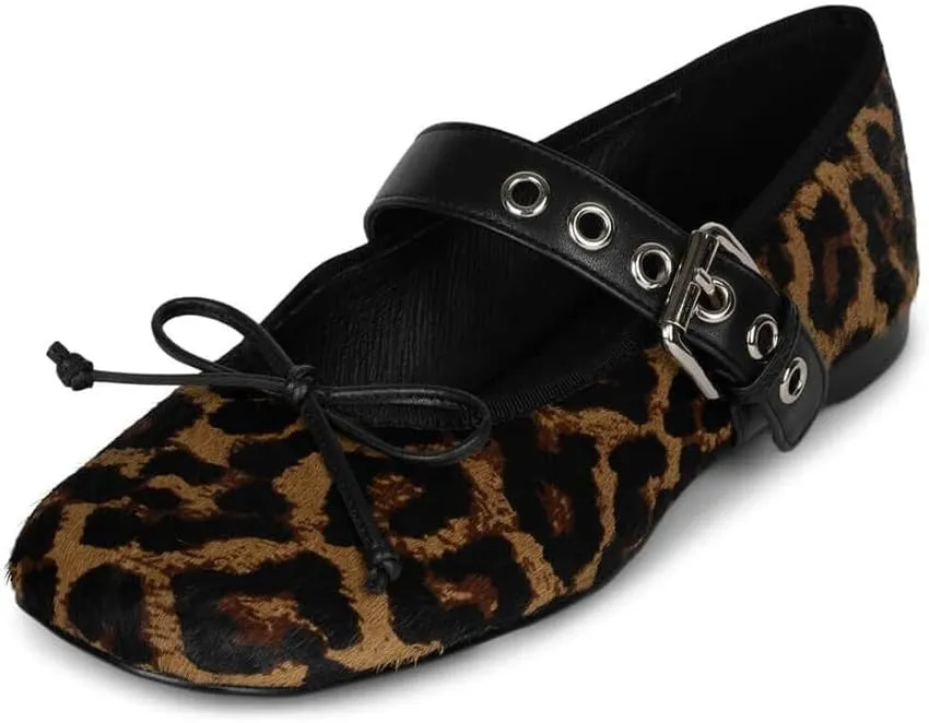Women's Leopard Print Mary Jane Flats Square Toe Bow Tie Ballet Flats for Women Buckle Strap Comfortable Ballerina Shoes