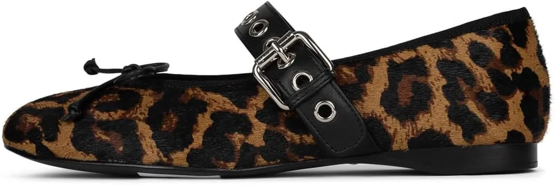 Women's Leopard Print Mary Jane Flats Square Toe Bow Tie Ballet Flats for Women Buckle Strap Comfortable Ballerina Shoes