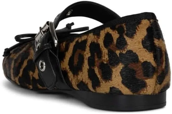 Women's Leopard Print Mary Jane Flats Square Toe Bow Tie Ballet Flats for Women Buckle Strap Comfortable Ballerina Shoes