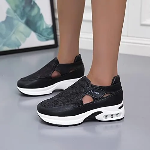 Womens Low Cut Slip On Sneakers Cut Out Walking Flats Loafers Breathable Wedge Platform Sneakers Workout Running Shoes